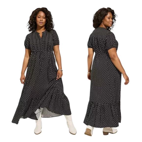 Torrid Maxi Stretch Challis Pintuck Tiered Dress Color: Black 4X Vic Motif - Picture 1 of 13